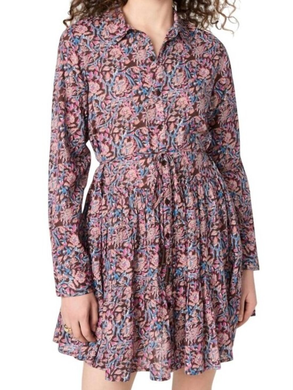 New Apiece Apart Anna Cotton Paisley Tiered Mini Shirtdress Brown Pink XS $385